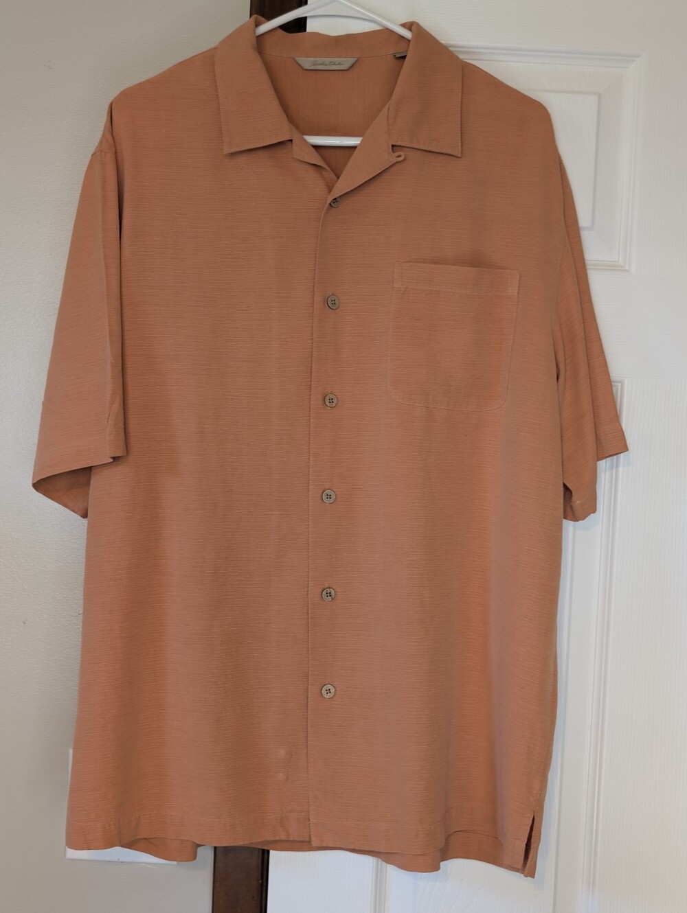 100% Silk Men's Short-Sleeve Camp Collar Button-Down Shirt Clay Rust/Orange- Med